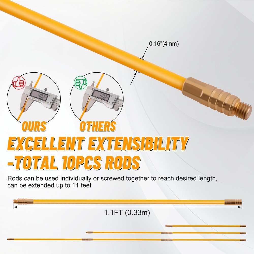 11FT Fiberglass Running Electrical Wire Cable Glow Rods Wire Pulling Tools Fi...