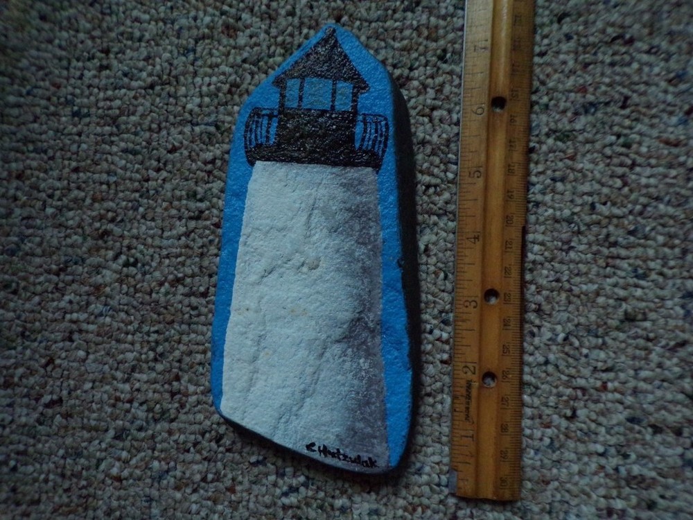 White Lighthouse Against Blue Sky Handpainted Rock Original Art