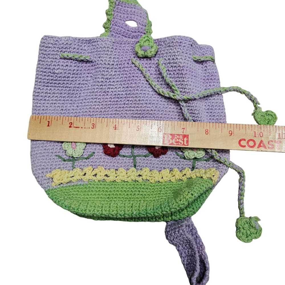Handmade Crochet Child Backpack Adorned With Floral Design & Drawstring Closure