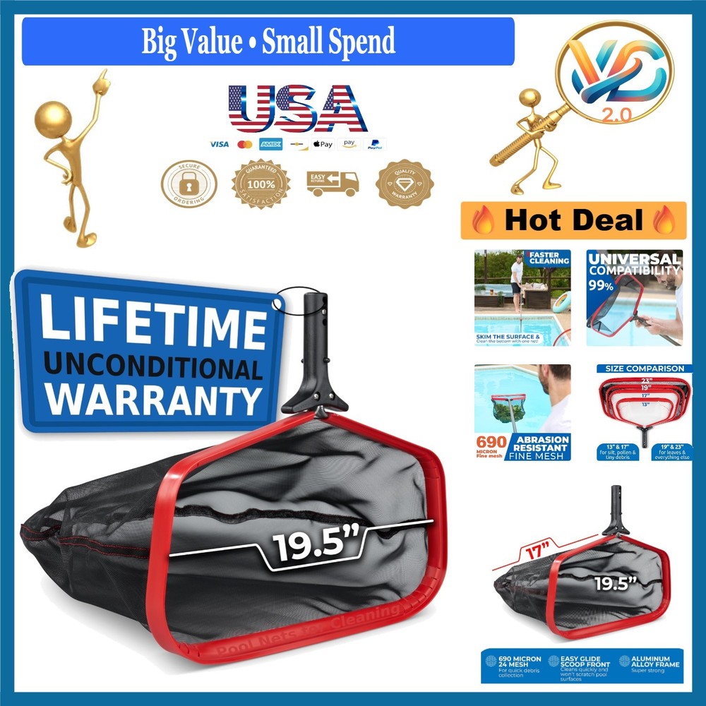 ProTuff 19" Pool Net with Deep Bag & Aluminum Handle for Fast Debris Cleaning