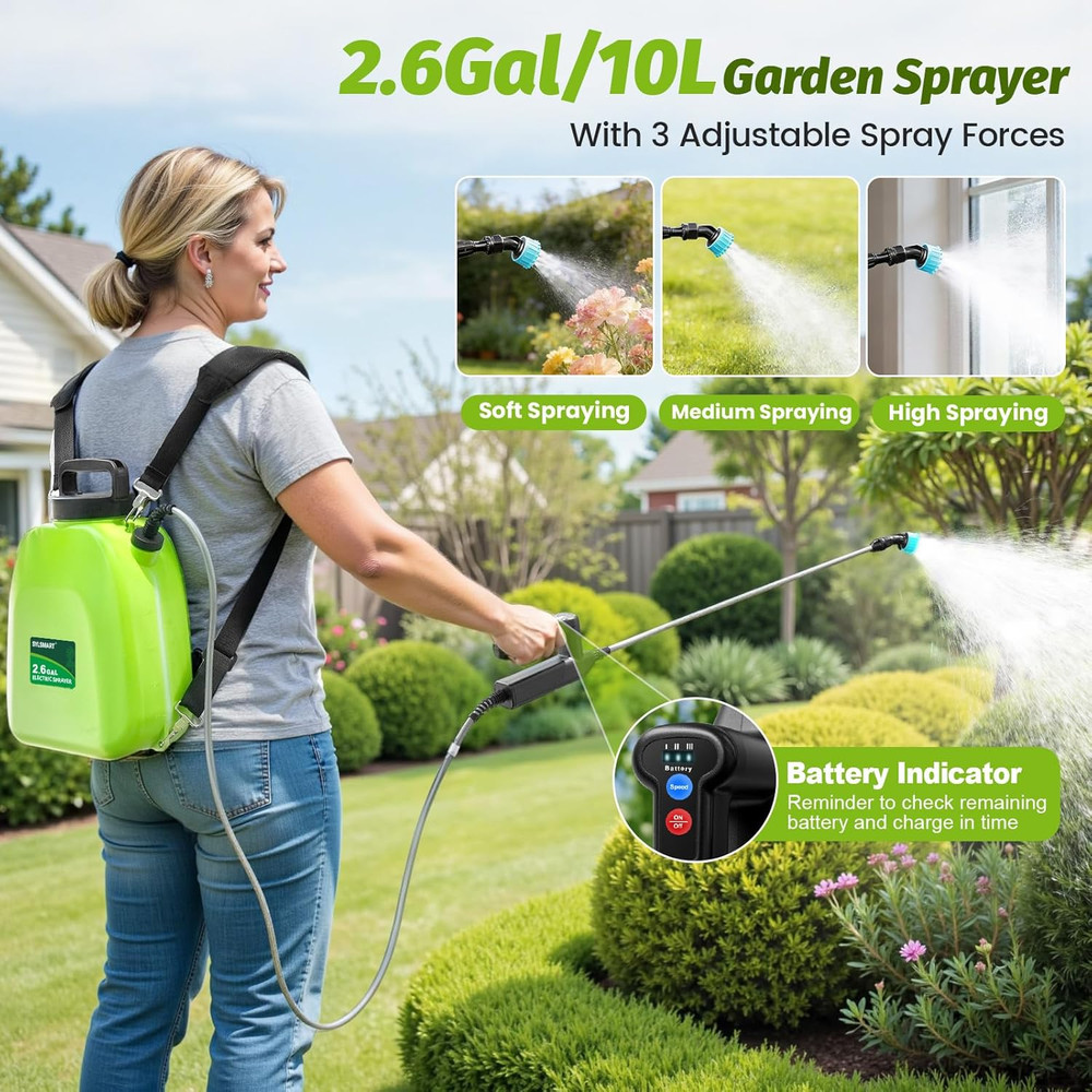 Battery Powered Backpack Sprayer 2.6Gallon, Electric Sprayer with 3-Adjustable S