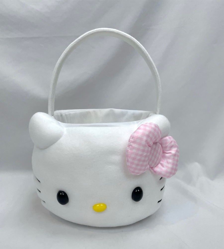 NWT Hello Kitty Easter Basket Plush Fabric White Pink Bow