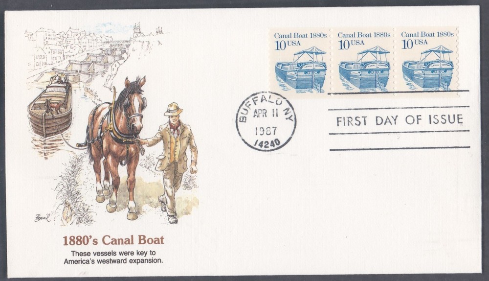 USA 1987 2 FIRST DAY COVERS 1880's CANAL BOAT + 2 CACHETS