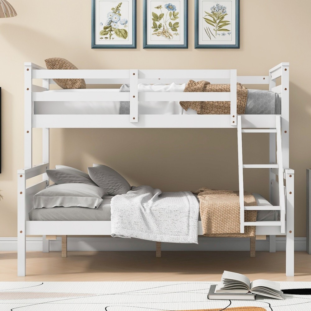 Twin Over Full Bunk Bed Wood Bed Frame with Ladder White/Gray