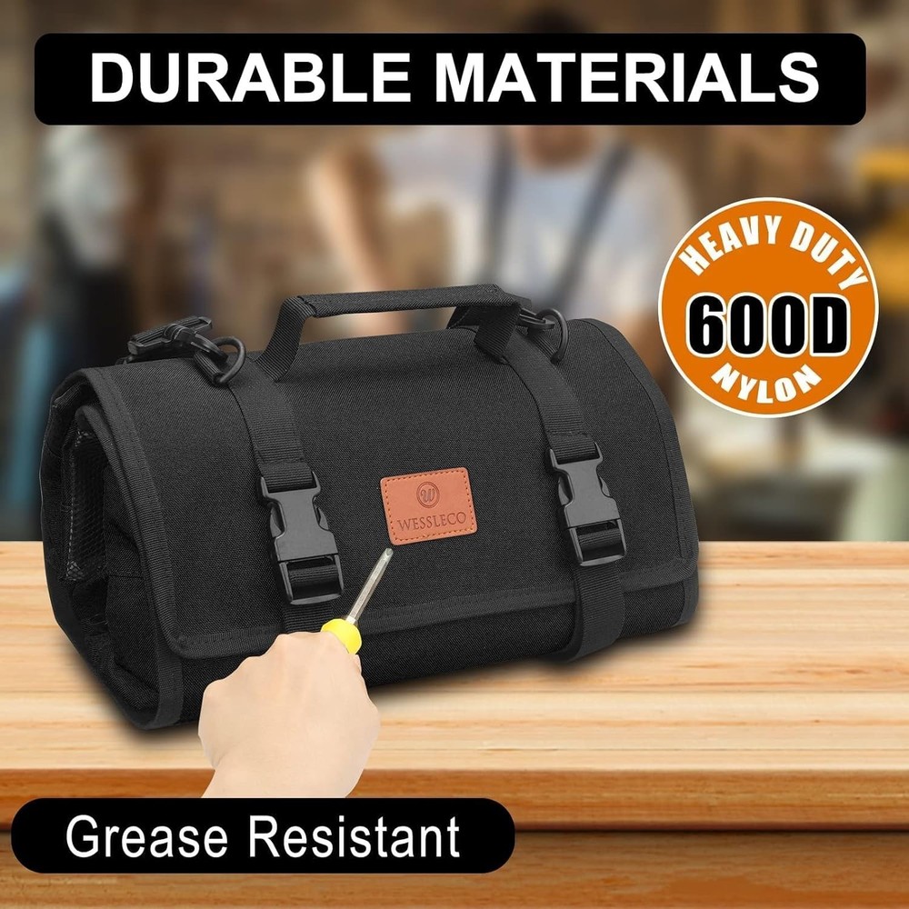 Tool Roll - Canvas Wrench Tool Organizer with 4 Pockets Black