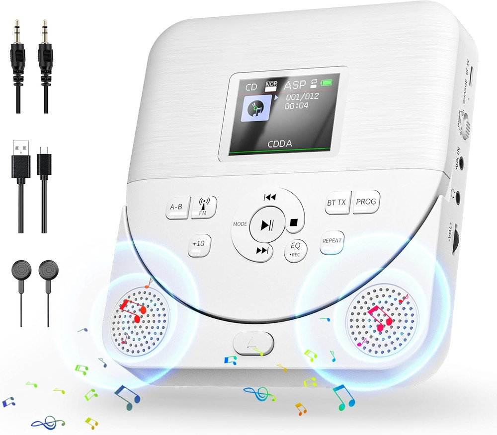 Bluetooth CD Player Portable for Home with Dual Speakers, FM Transmitter, Rechar