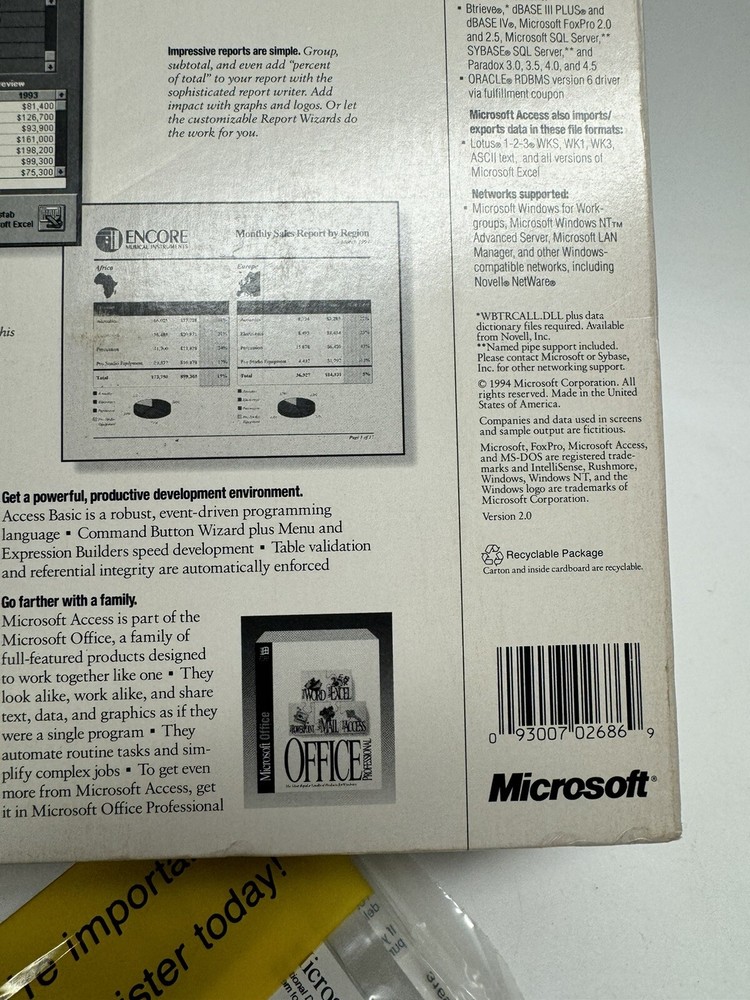 VINTAGE 1994 NOS Microsoft Office Access Version 2.0 Database Management System