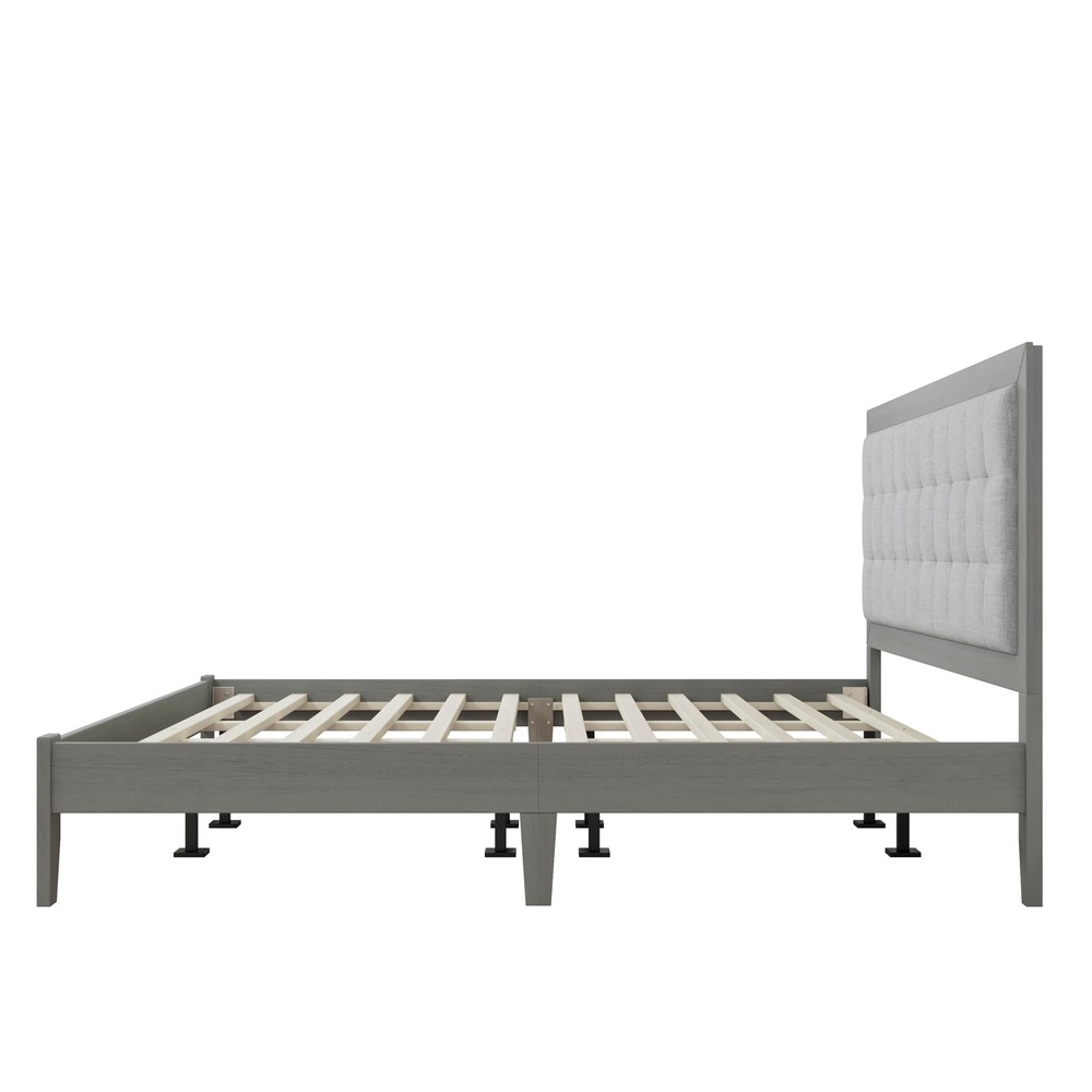 California King Bed Frame Solid Wood Upholstered Panel Headboard Gray