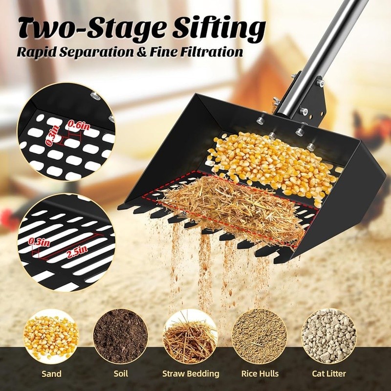 2-in-1 Chicken Poop Rake Scooper Adjustable Handle Durable Sifting Tool New