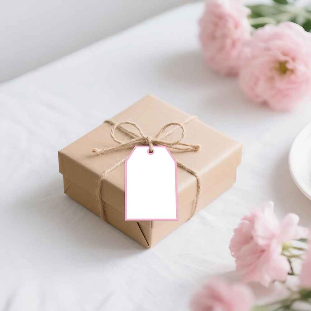Gift Tags with String - 100Pcs White Blank Gift Wrapping Tags, 3.3X2.2 in Pink P