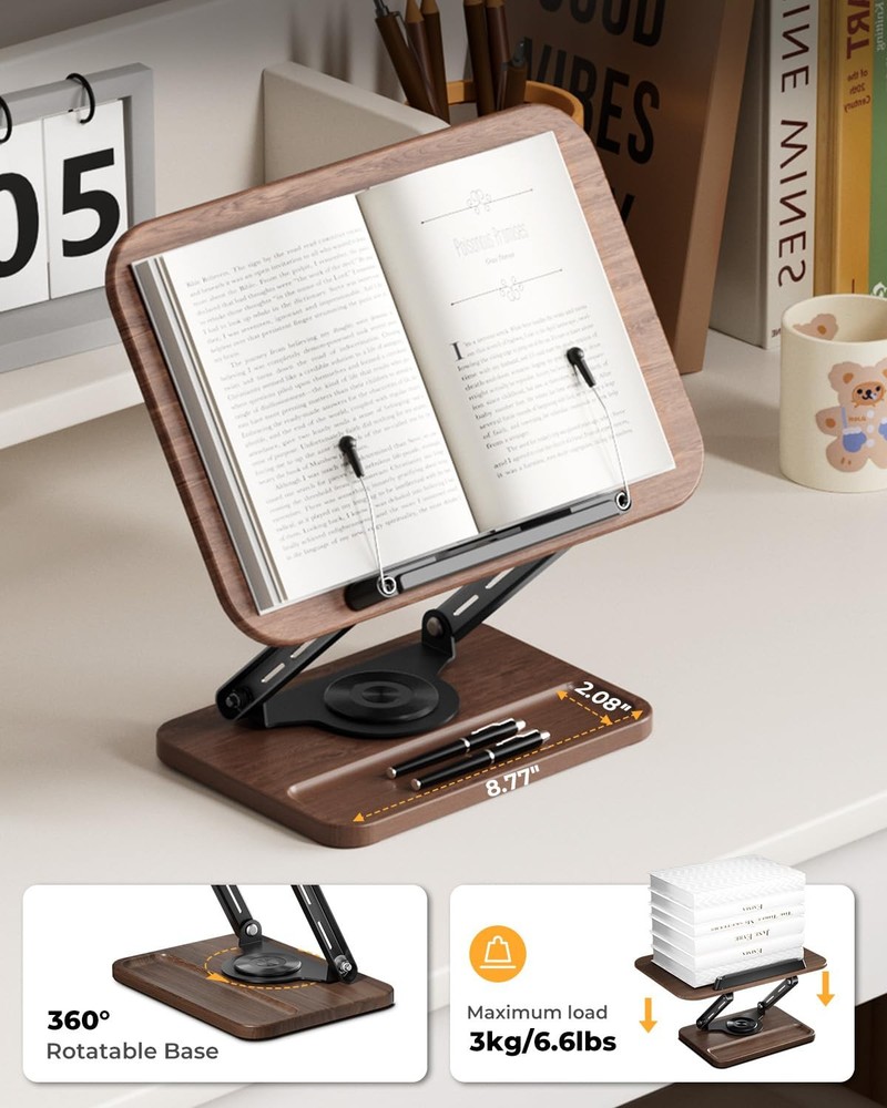 Adjustable Book Stand & Book Holder with 360° Rotation, Height Adjustable Rea...