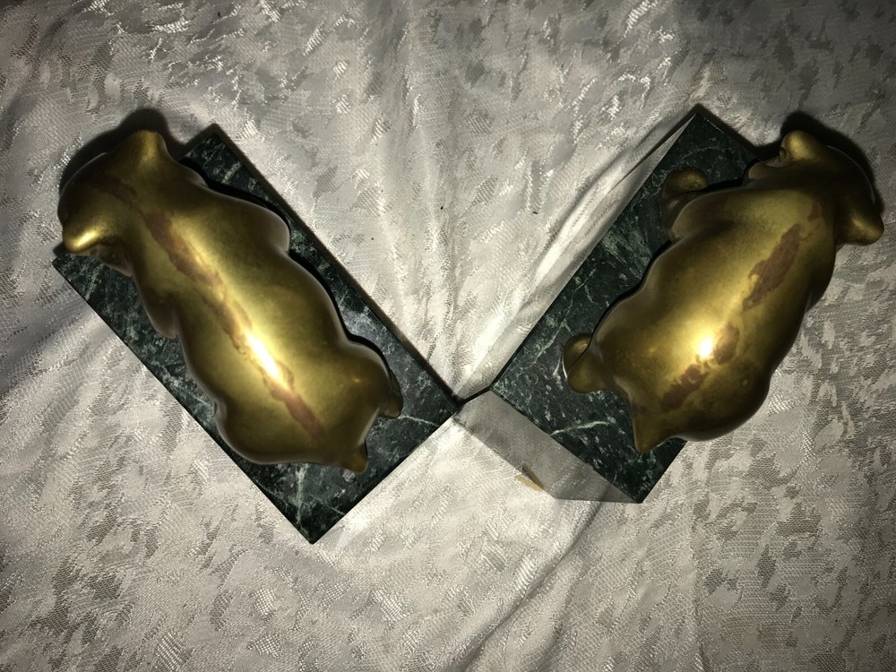Vintage 2/Pair SOLID BRASS Polar BROWN Black BEAR Cub MARBLE Base BOOKENDS 6½" T