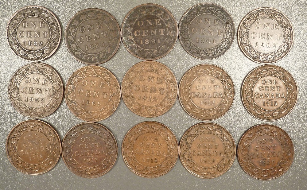 Canada Large Cents, 15 Different Dates 1882-1920, Nice Assortment.