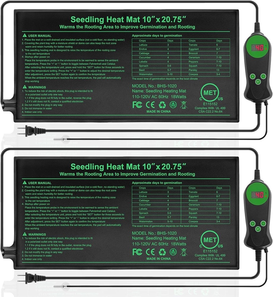 Seedling Heat Mat with Built-in Temperature Controller 2 Pack, 10" x 20.75" P...