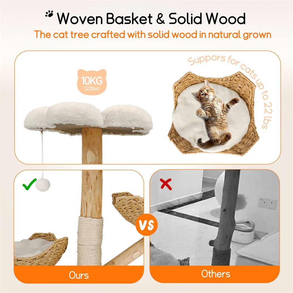 Solid Willow Wood Cat Tree w/ Soft White Bed & Scratching Post for 3 Large Cats