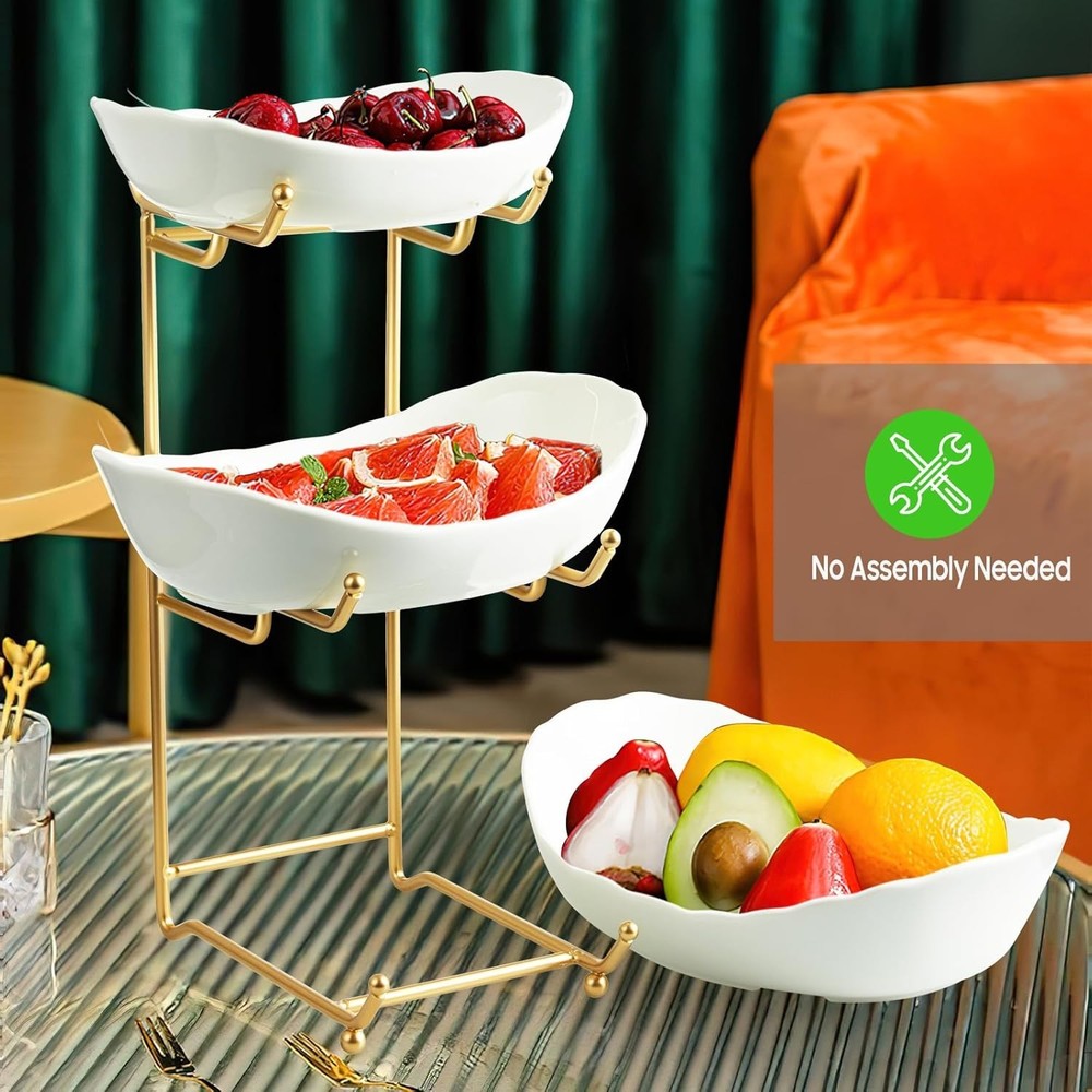 Ceramic Fruit Bowl for Kitchen Counter - 3 Tier Fruit Basket with Metal Stand