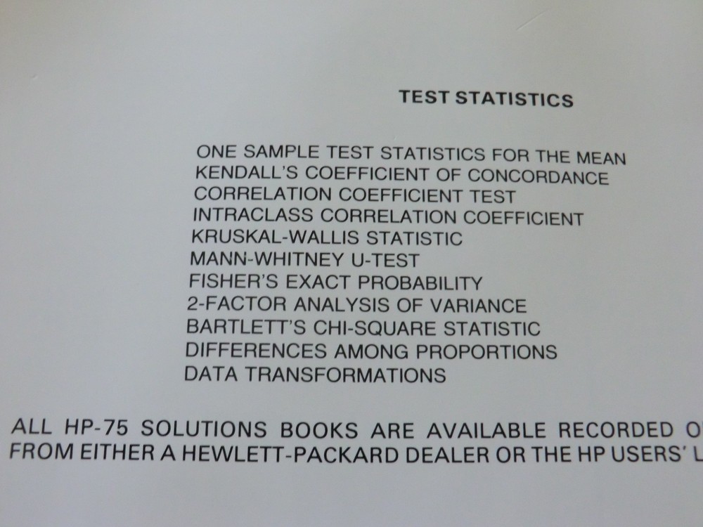 VINTAGE HP-75 User Library Solutions Manuals for Statistics AND Test Statistics