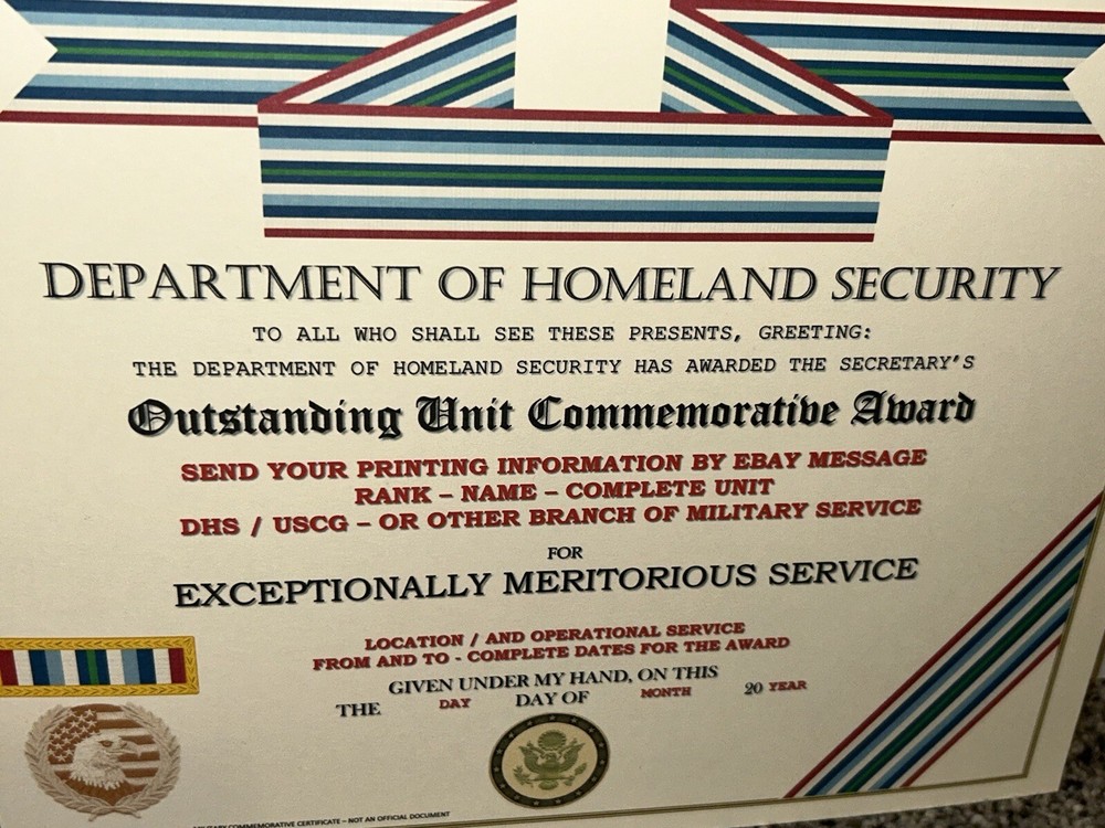 D.H.S. OUTSTANDING UNIT AWARD COMMEMORATIVE CERTIFICATE ~ TYPE-2 / W/PRINTING