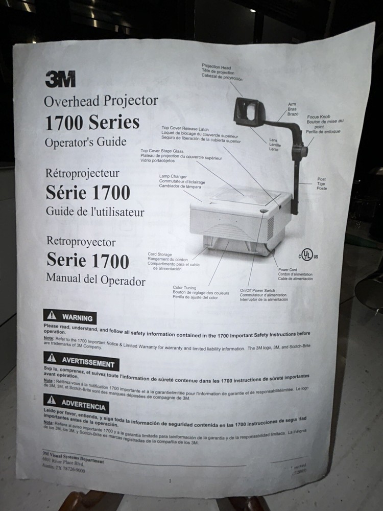 3M 1700 Overhead Transparency Projector Model 1700. USED - WORKING