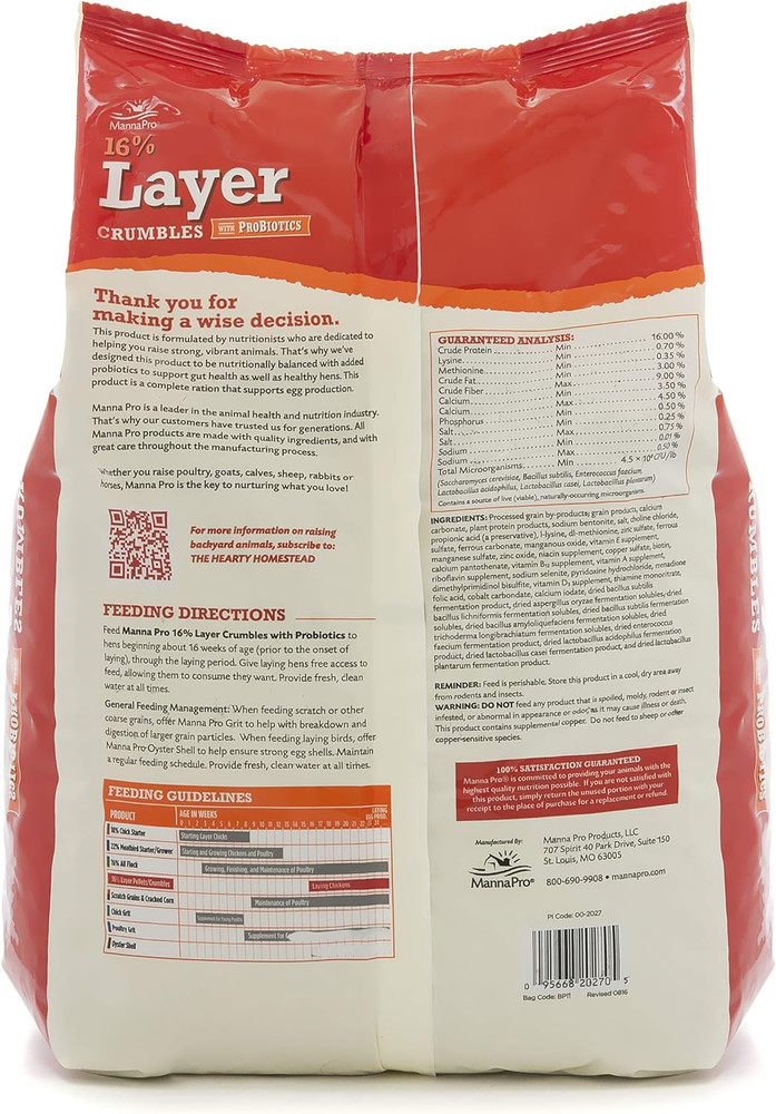 Manna Pro Chicken Feed – 16% Protein Layer Crumbles with Probiotics, Complete Ch