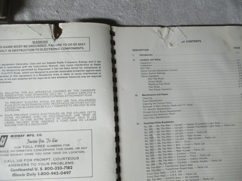 poor condition MS PAC MAN w/schematics ARCADE GAME owners manual