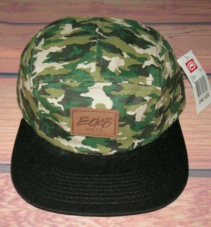 MENS ECKO UNLTD CAMOUFLAGE 5 PANEL HAT BLACK GREEN CAMO ADJUSTABLE CAP ONE SIZE