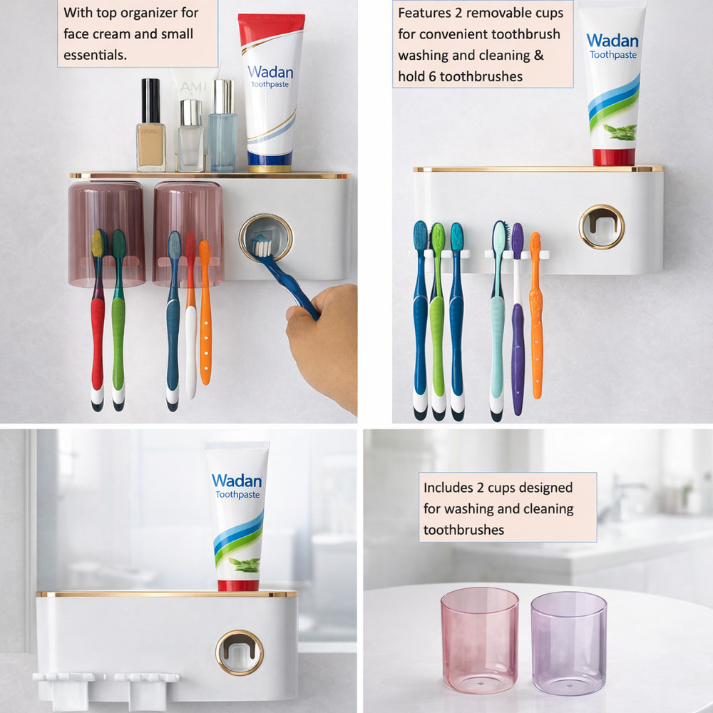 Wall Mounted Bathroom Toothpaste Holder with Toothpaste Dispenser, 2, 3 & 4 Cups