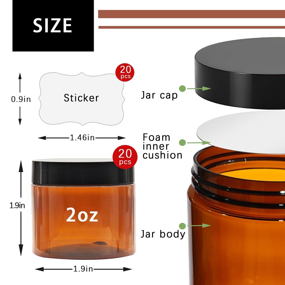 20 Pack 2 oz Small Amber Plastic Jars with Lids and Labels, Refillable Round ...