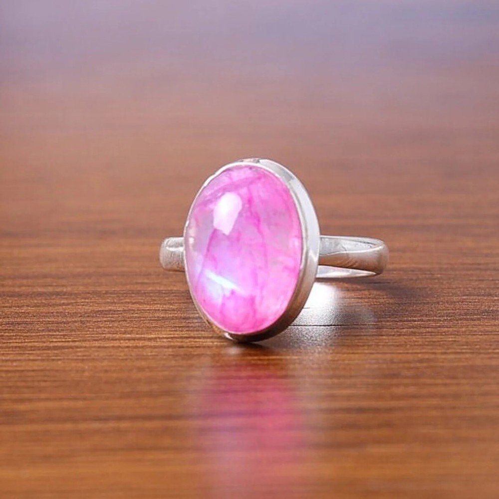 Natural Pink Moonstone Ring 925 Sterling Silver Handmade Gemstone Ring Gift Ring
