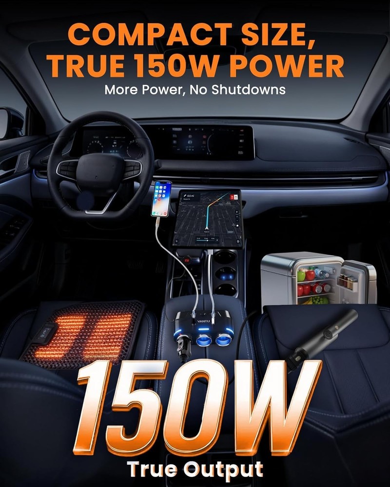 Car Cigarette Lighter Adapter with 150W Output & 3-Sockets for Multiple Devices