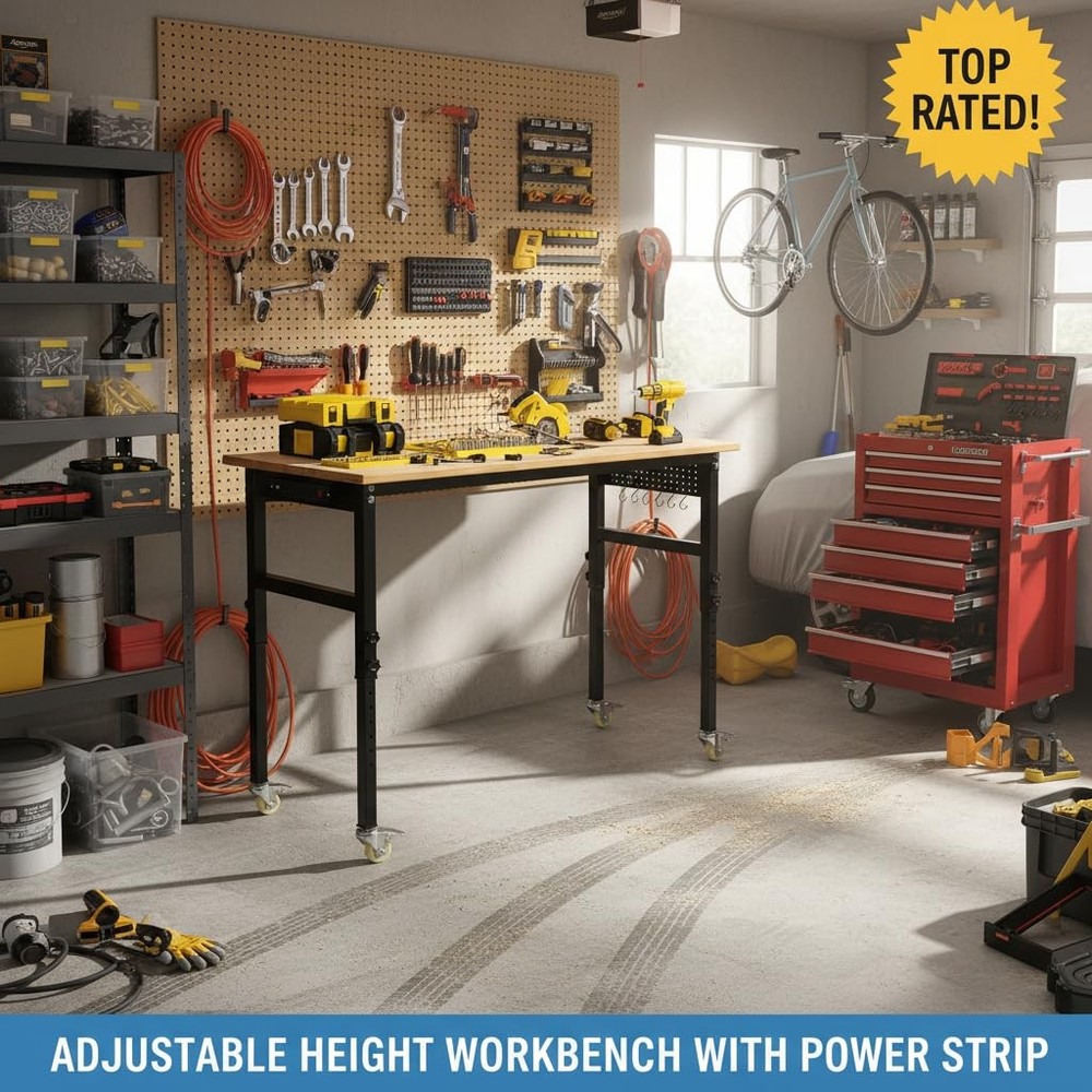 Adjustable Height Workbench 48"x24" Work Bench Table 2000 Lbs with Power Outlet