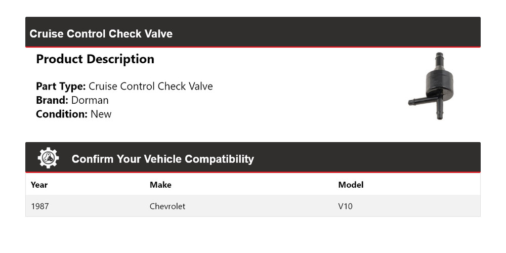 For 1987 Chevrolet V10 Dorman Cruise Control Check Valve