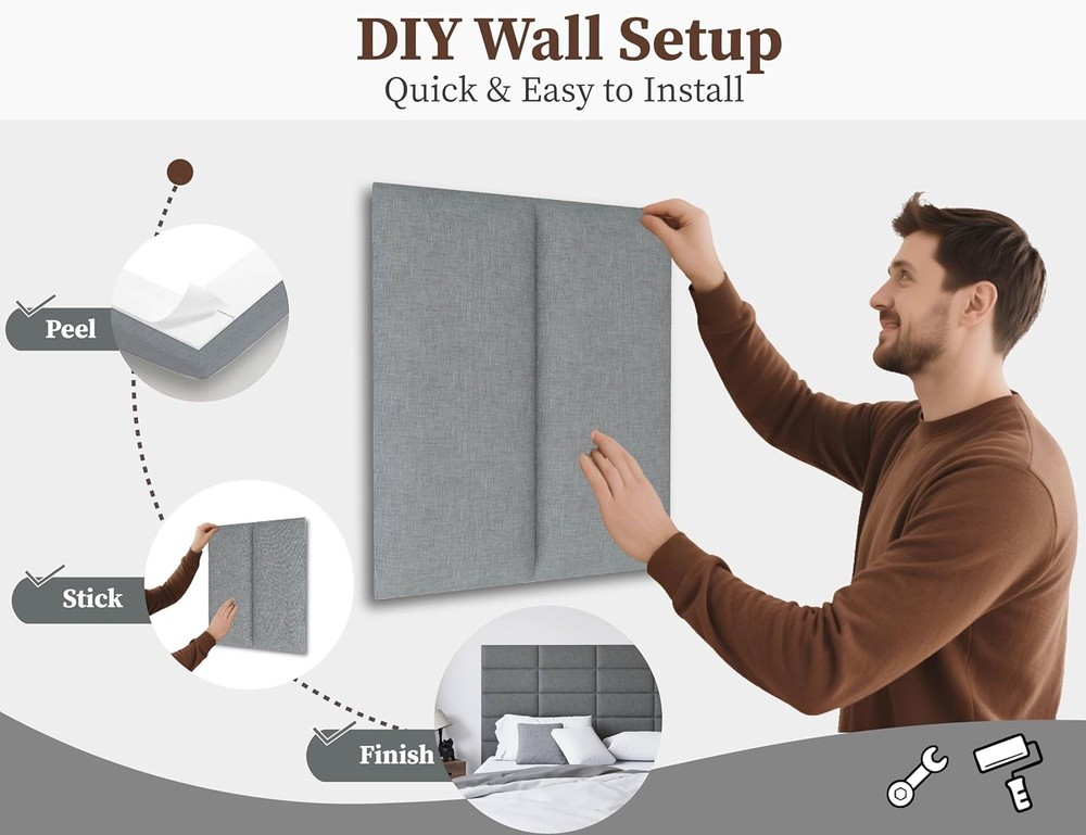 Peel and Stick Queen Headboard 9 Panel Upholstered Wall Mount Dark Grey 10x24