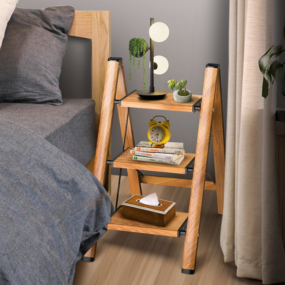SOLADDER 3 Step Ladder, Folding Stool with Anti-Slip 3 Step, Woodgrain