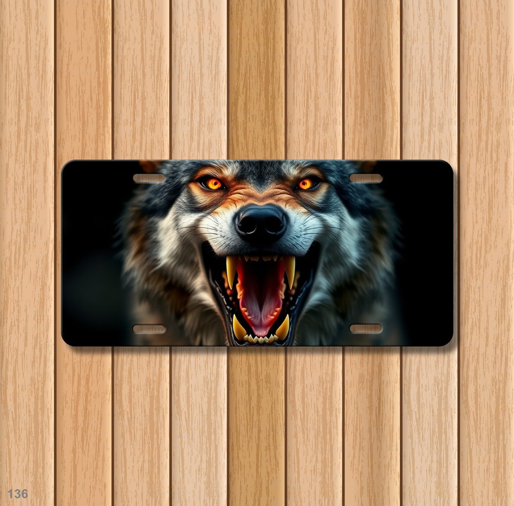 Aggressive Wolf License Plate with Sharp Teeth Optional Text Decorative Plate Bi