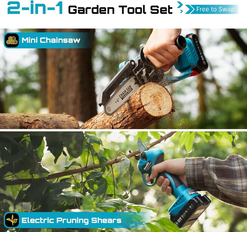 Cordless Mini Chainsaw & Electric Brushless Pruning Shears Combo kit 2×2000mah