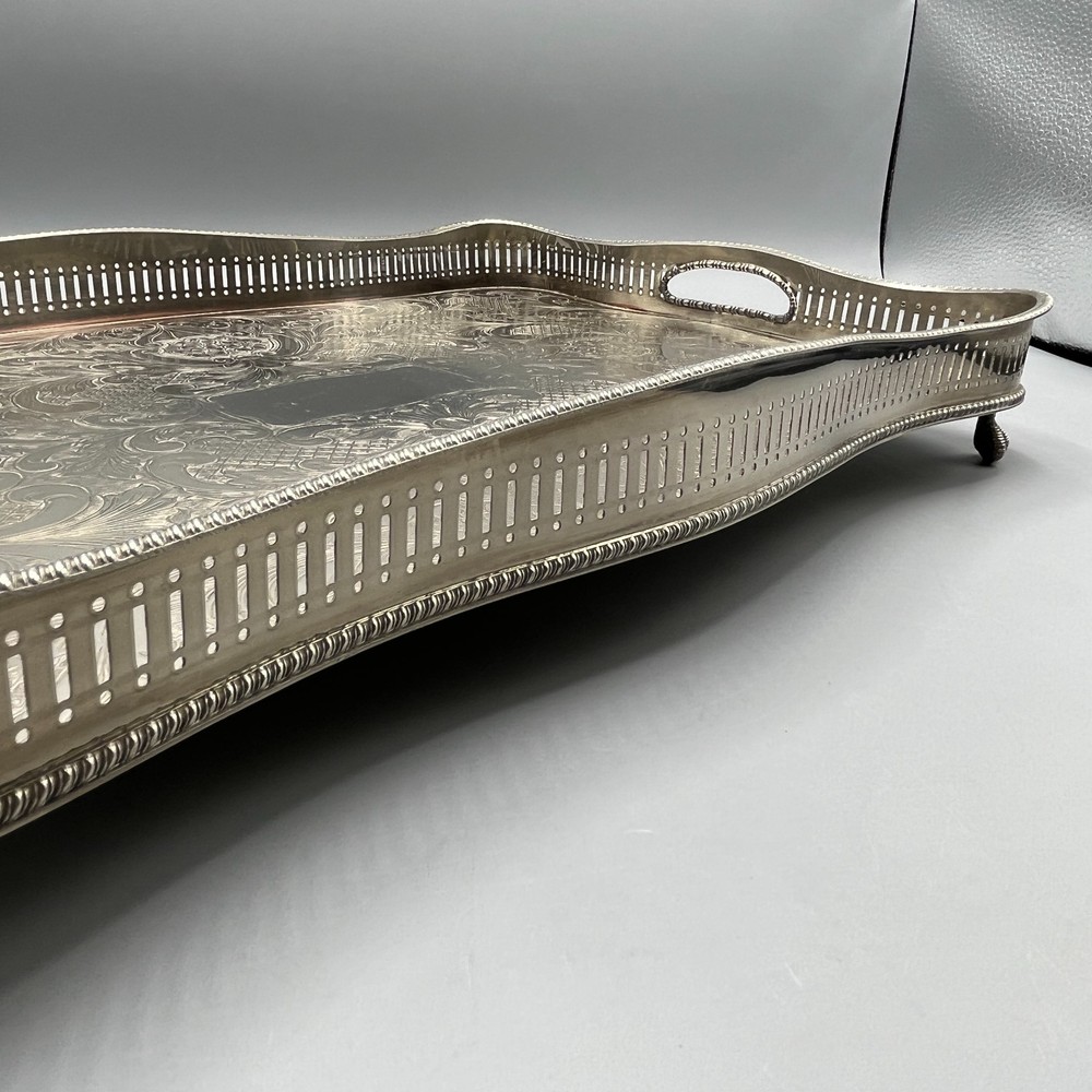 Vintage Silver Plate Footed Gallery Serving Tray Rectangular Serpentine Cocktail