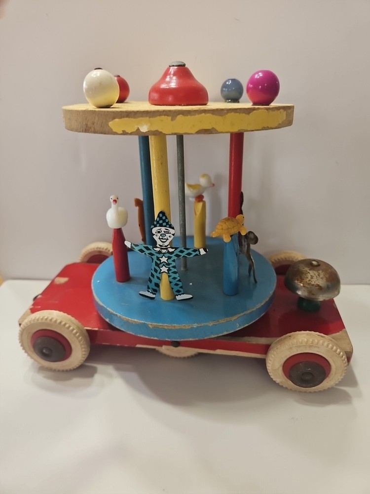 Vintage Brio Wood Carousel Karusell Merry-Go-Round Pull Toy Bell Missing String