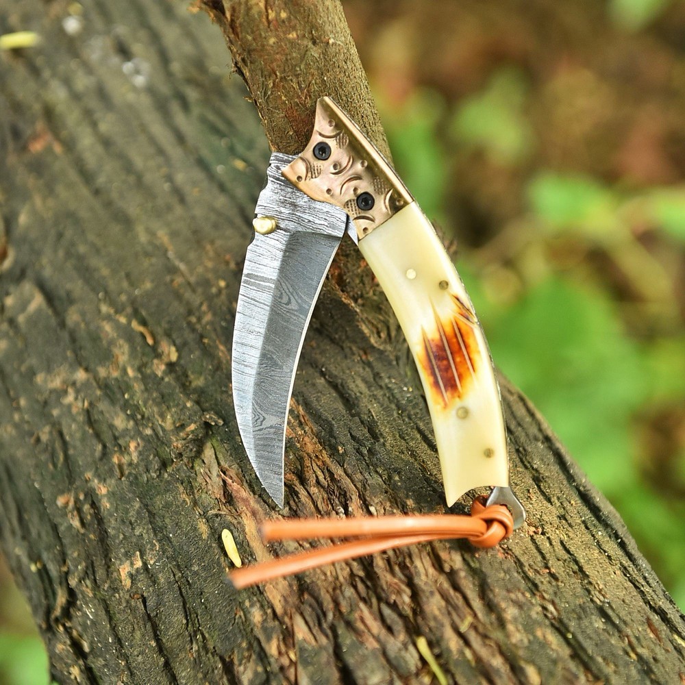 Damascus Folding Karambit Blade Pocket Knife Tactical- Original BurnBone Handle