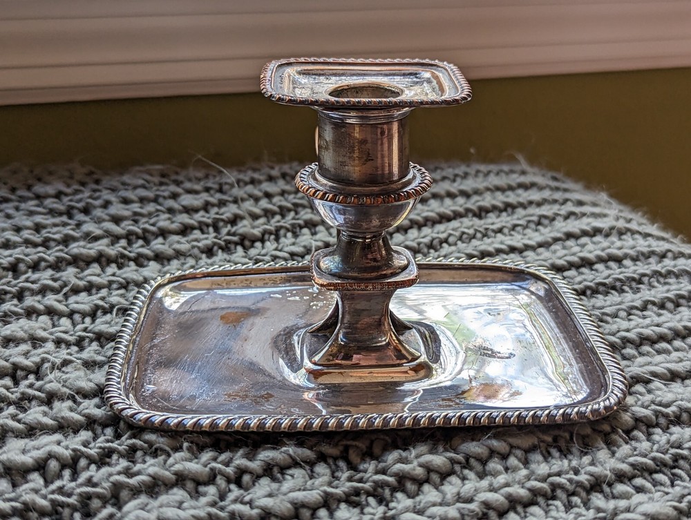 Rectangle Silver Plate on Copper Chamber Stick Candlestick c. 19th century