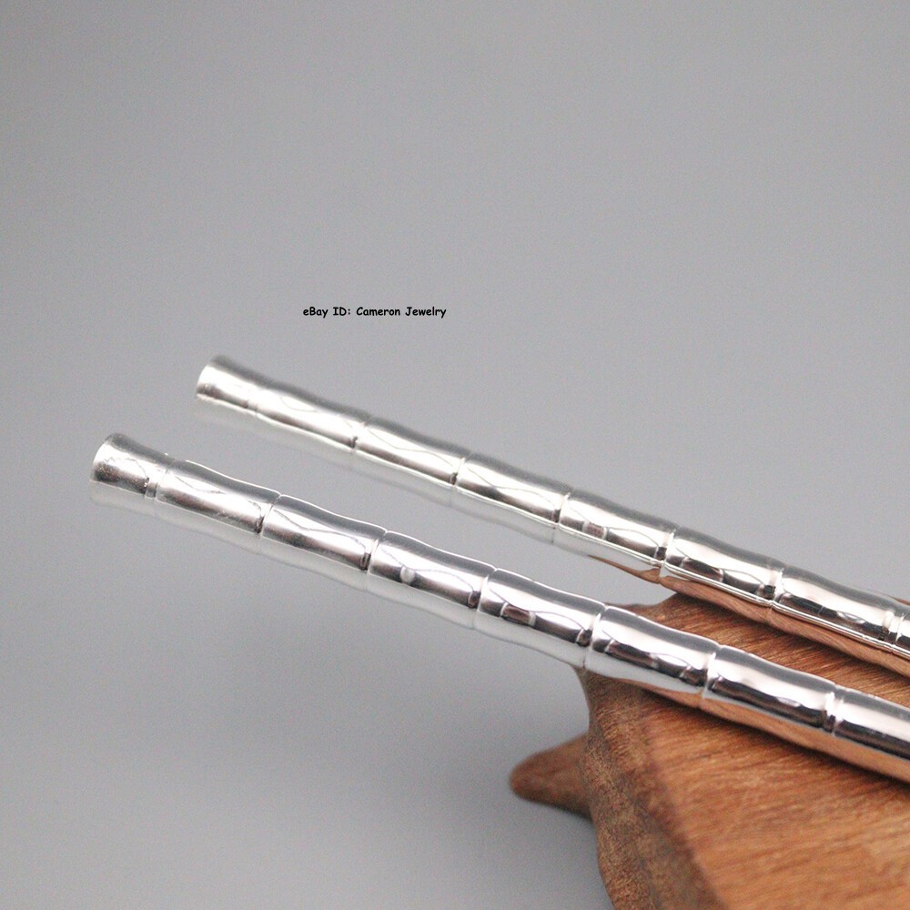 Solid S999 Fine Silver 999 Home Tableware Bamboo Spiral Handle Chopsticks 8.3in