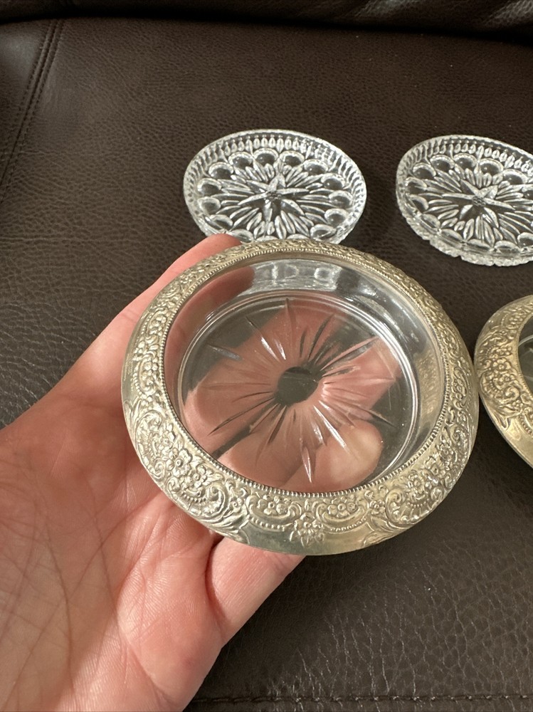 Fostoria Glass Coasters (4) - Two appear to be silver edged!