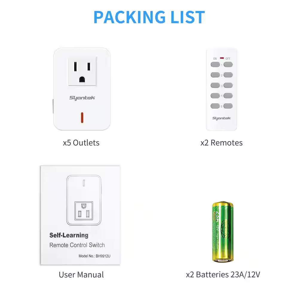 White 5 Socket 2 Remote Control Wireless Electrical Switch Set, 100 Feet Remote