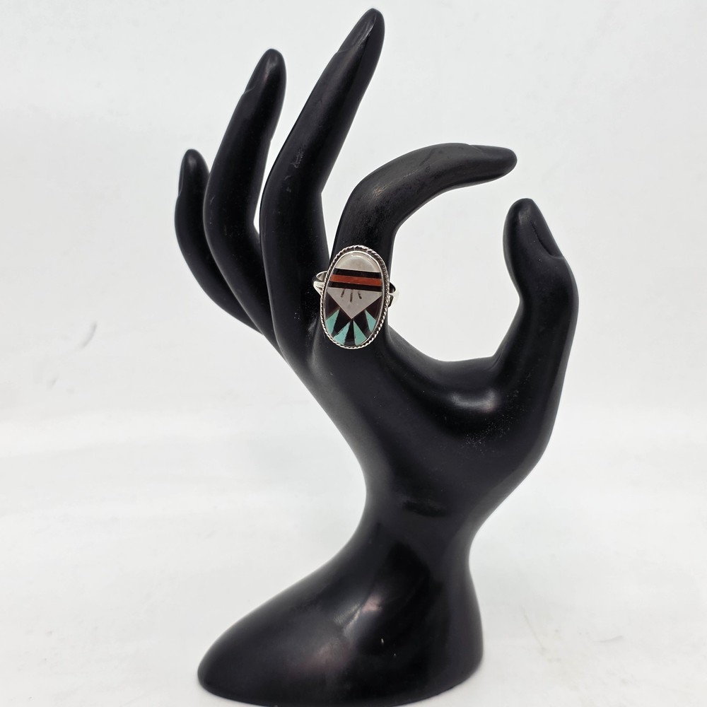 Leslie & Gladys Lamy Zuni Assorted Stone Sterling Silver Native Ring Size 7.75