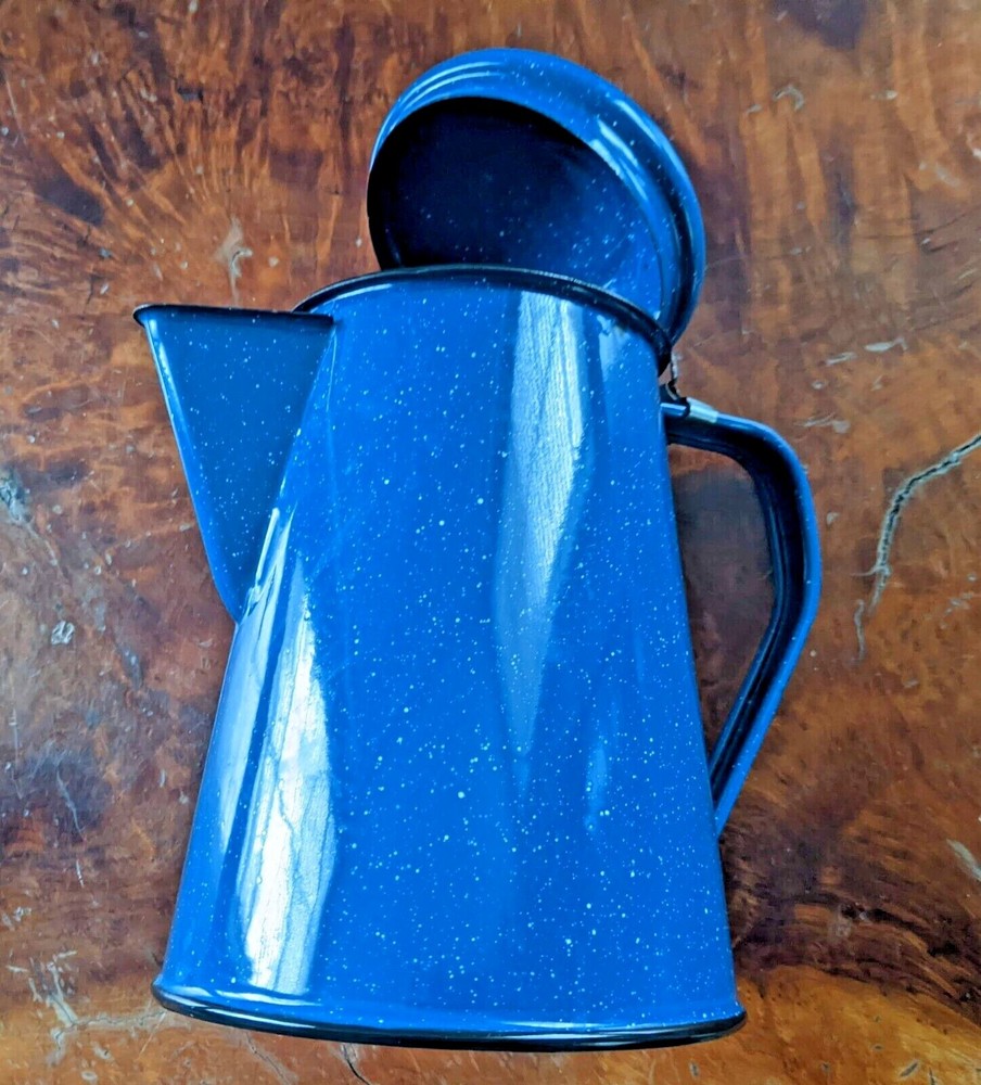 Blue Speckled Enamel Covered Graniteware Camping Metal Coffee Pot 9"