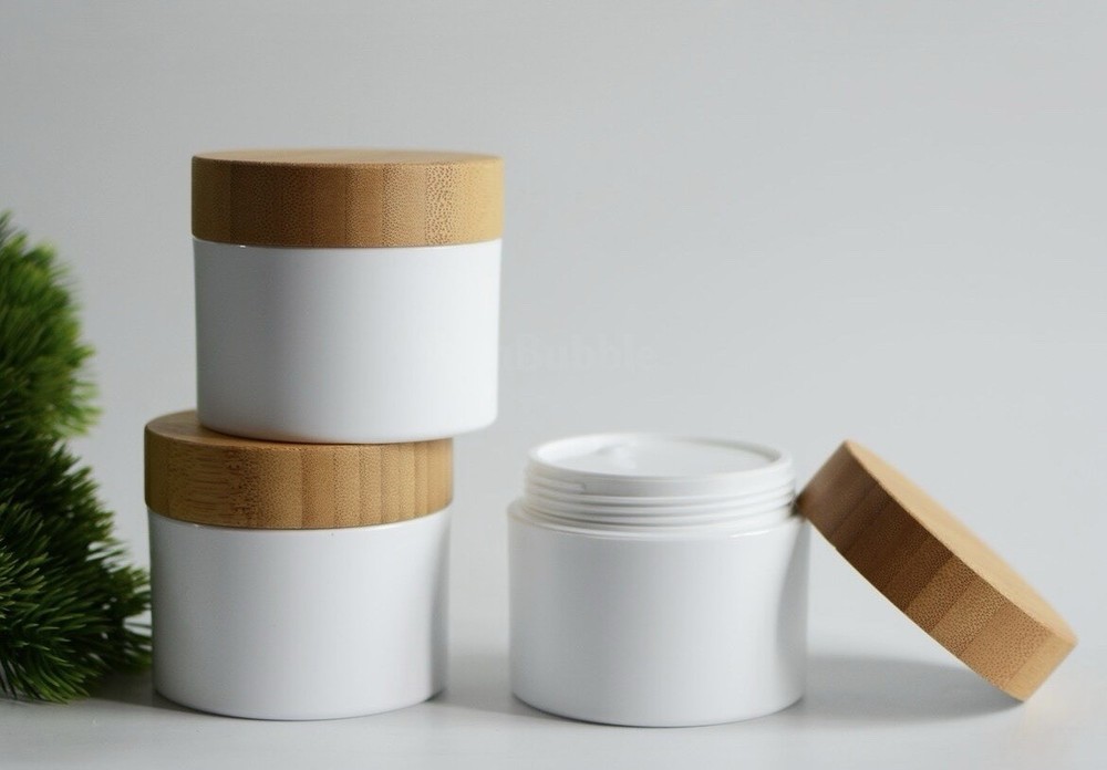 50g White Cosmetic Jars with Bamboo lid