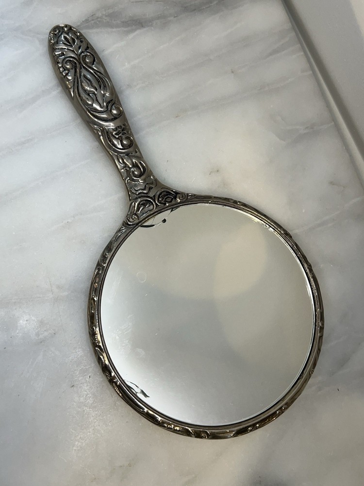 Antique Art Nouveau Handheld Repousse Silver Plated Mirror