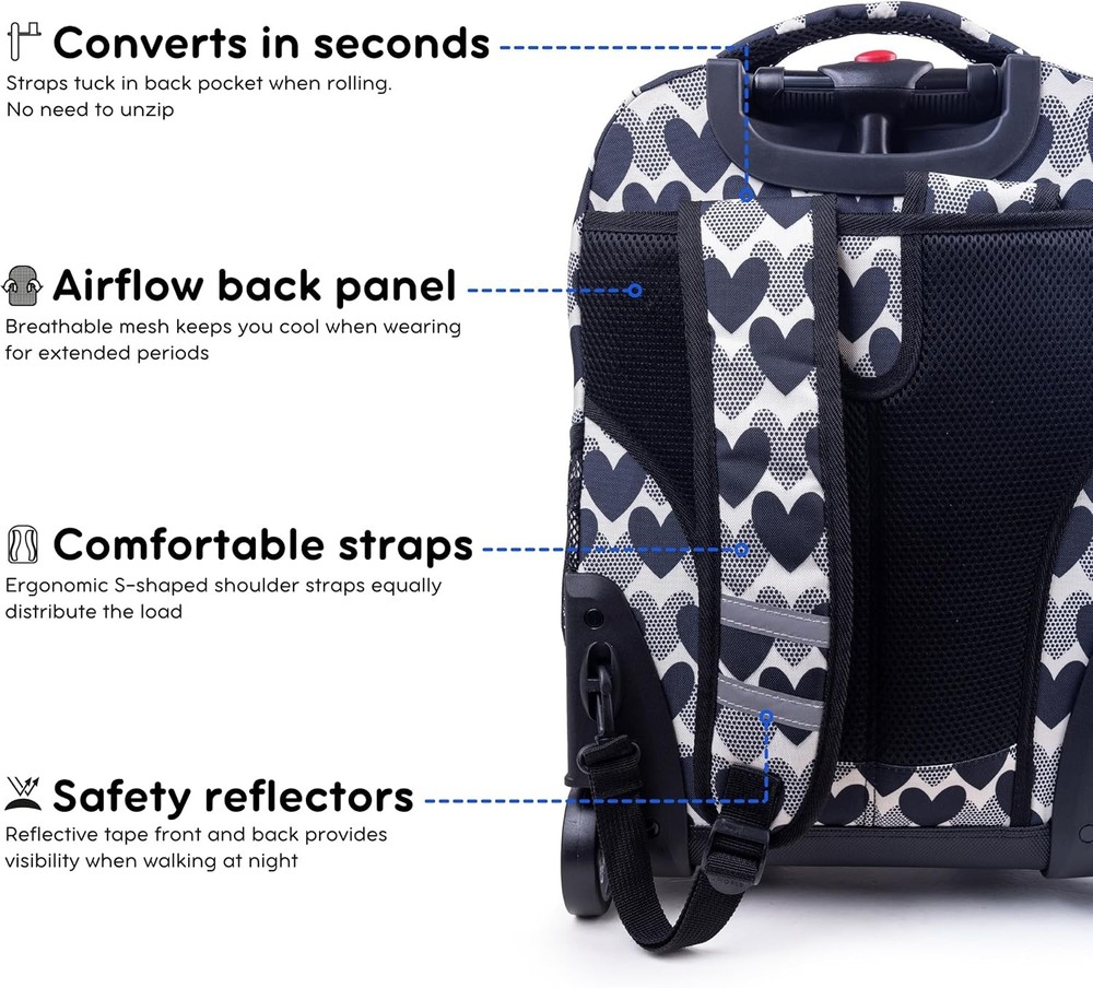 J World Sunrise Rolling Backpack. Roller Bag with Wheels, Heart Dot