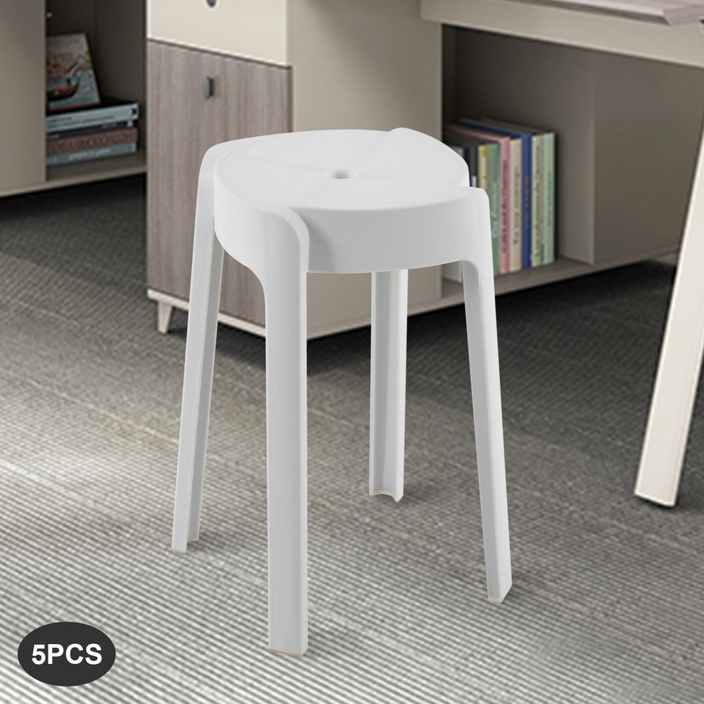 Plastic Stools 18'' Counter Height Kitchen Bar Chairs Set of 5 Stackable White