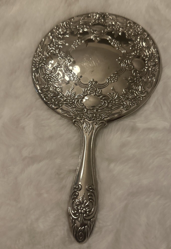 Vintage Silver Plated Scrolled Round Vanity Hand Mirror
